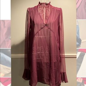 Burgundy Mesh Blouse with Ruffled Long Sleeve